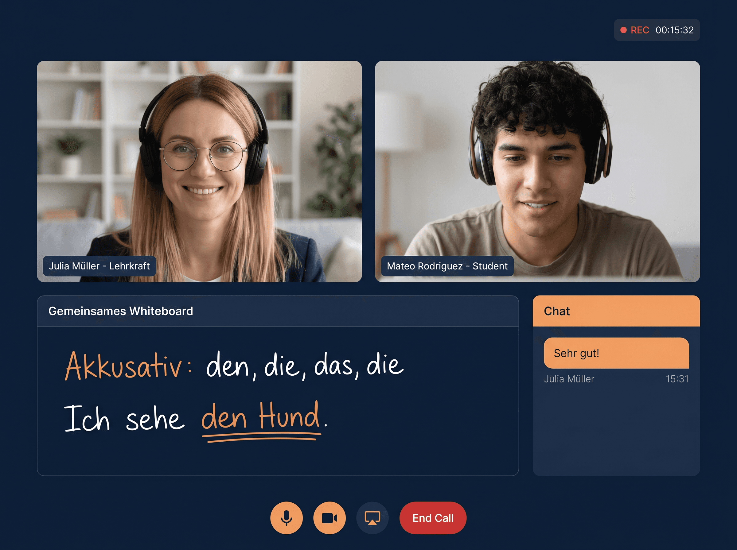Vorschau des Live-Klassenzimmers von Aprender-Aleman.de: muttersprachliche Lehrkraft und Lernender in einer Videostunde mit geteiltem Whiteboard