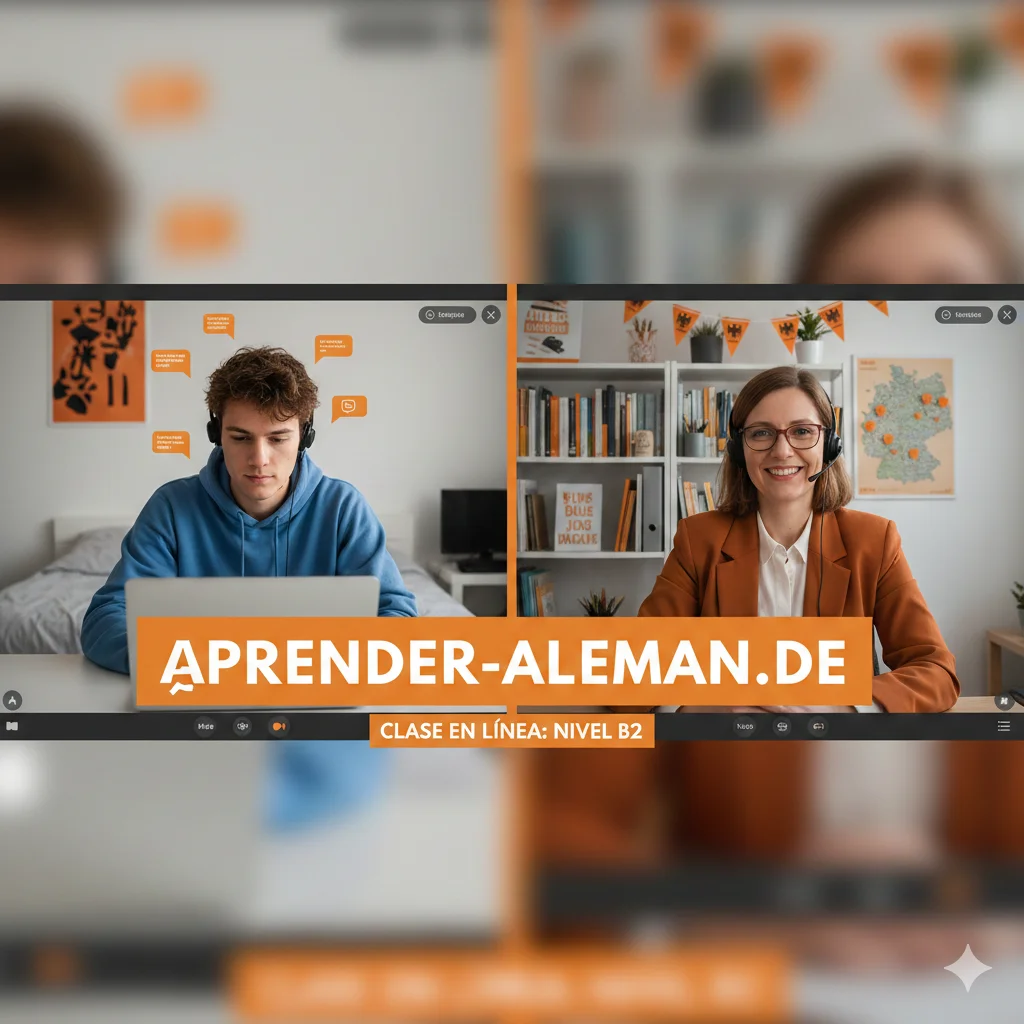 Clase en línea de Aprender-Aleman.de — profesora nativa de D·A·CH enseñando a un alumno hispanohablante en nivel B2